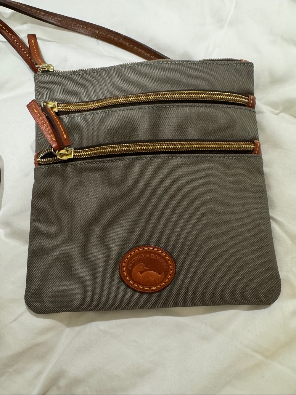 Dooney & Bourke Gray/Tan Crossbody Belt Bag with Leather Trim